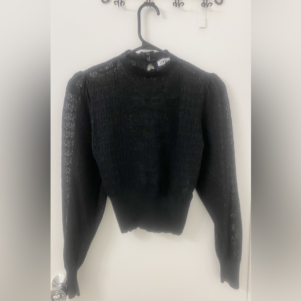 Zara Black Long Sleeve Lace Mockneck Sweater, Sheer Lace, Size XS